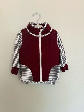 Busy Bee Smocks Quilted Burgundy Vest with Gray & White Striped Sleeves